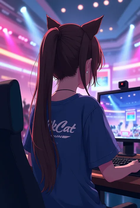 Girl with long brown hair turned away in a gaming arena , com o nick "MilkCat" written on the blouse in anime style and with cat ears