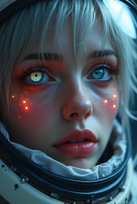 (Close-up of a better masterpiece:1.5)0.9], (Space and astronauts:1.2) (Messy silver hair:1.1) (Heterochromia xanthochromia and blue eyes:1.2) (Space Helmet:1.0) (Colored stars in the eyes:1.0) (A radiant glow:1.1) (thick lips:0.9)