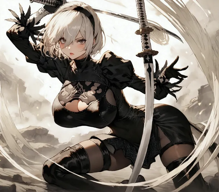 Best Quality, 2B Nier Automata, with huge breasts suit, Whole body, fought, with katana