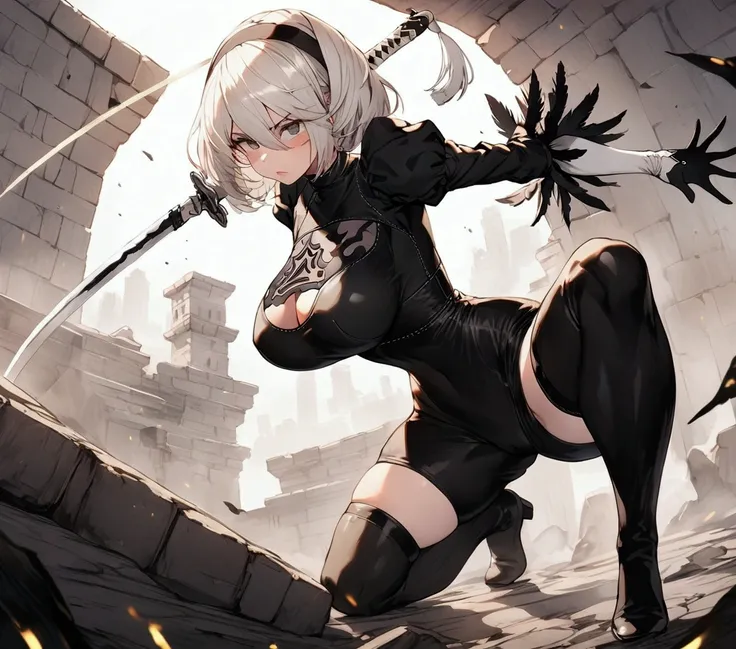 Best Quality, 2B Nier Automata, with huge breasts suit, Whole body, fought, with katana