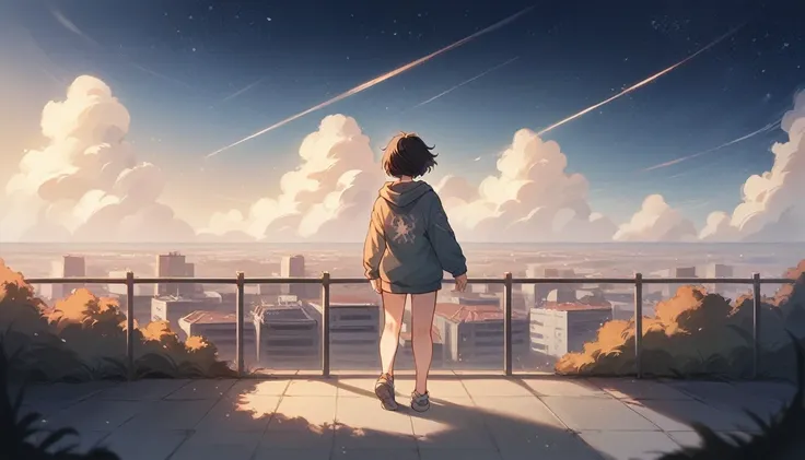 Starry Sky、One woman、Black Hair、Short Hair、Hair blowing in the wind、Wearing a hoodie、Back view、Full body portrait、Overlooking the city from afar