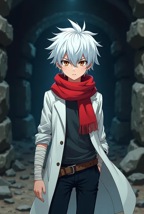 A 12 year old boy in anime style, She has white hair, White coat, red scarf and completely bandaged arm, The bottom is a dungeon.

