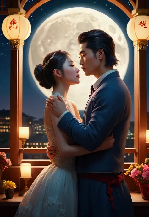 Moonlit Confession, lovers, by ruan_jia, cinematic still, dynamic movement, surreal, (best quality, masterpiece, photorealistic), very aesthetic, perfect composition, intricate details, ultra-detailed, vivid colors