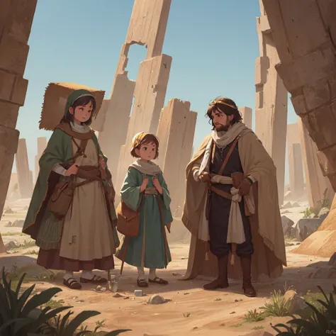 [Core Concept] A scene depicting the biblical figure Moses encountering a well of water in the desert, where he helps a group of women.

[Character Description] A 30-year-old adult man, Moses, is the central figure, shown assisting a group of women dressed...