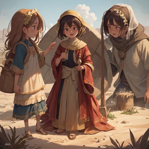 [Core Concept] A scene depicting the biblical figure Moses encountering a well of water in the desert, where he helps a group of women.

[Character Description] A 30-year-old adult man, Moses, is the central figure, shown assisting a group of women dressed...