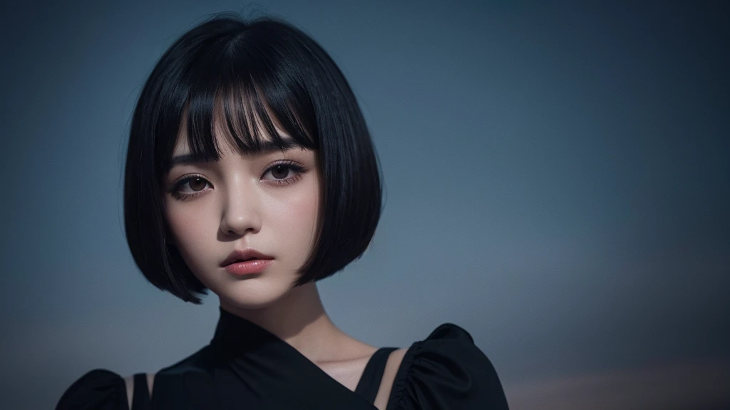 Delicate and dainty young woman with shiny bob-cut black hair . She is wearing black dress. The background is a fantastic and ethereal night sky that seems to be haunted by a specter. Her expression is stern and atmospheric. Angle from directly below.