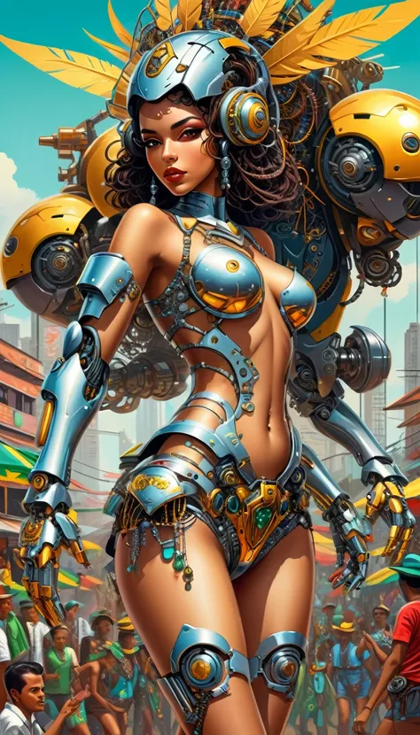 Intricate illustration in surrealist art style，mecha girl，Brazilian women, Cyborg in brazilian samba festival style, full background