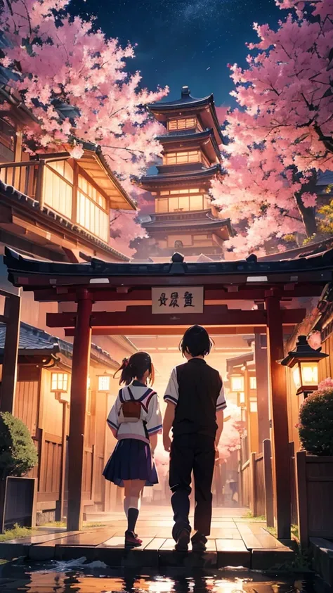 Themed wallpapers "Make Your Parents Proud" Japanese anime style features child characters in school uniforms standing confidently in front of Mount Fuji and cherry blossom trees. The background is a gradated orange-purple twilight sky, with the silhouette...