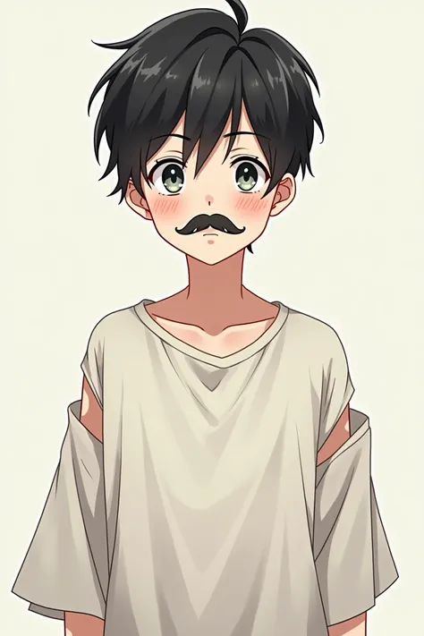 An anime character boy with no beard but with some moustaches black hair and wearing drop shoulders 