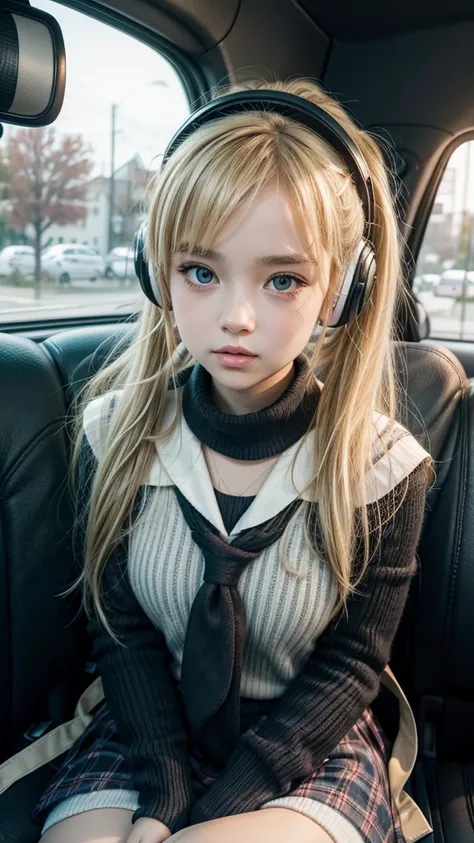 Cute schoolgirl Lyvlas sits in the back seat of a car and looks out the window 1 girl, bang, blonde hair,tape, Ponytail, parted lips, headphones, anime style, black mitts striped leg warmers