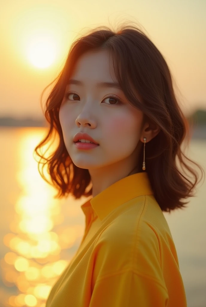 a close up of a woman in a yellow shirt posing for a picture, beautiful south korean woman, korean girl, gorgeous young korean woman, hot with shining sun, beautiful young korean woman, korean woman, young and cute girl, asian girl, beautiful asian girl, g...