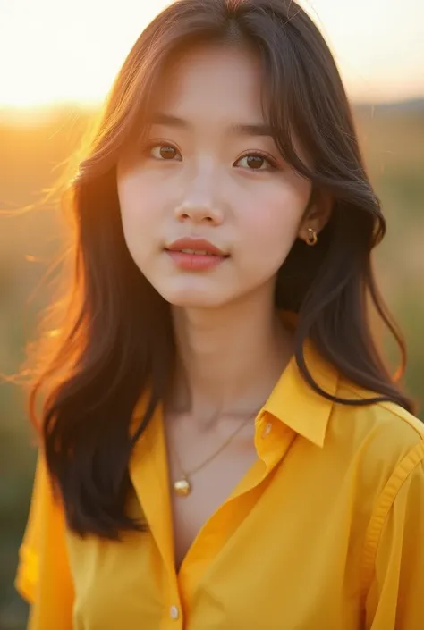 a close up of a woman in a yellow shirt posing for a picture, beautiful south korean woman, korean girl, gorgeous young korean woman, hot with shining sun, beautiful young korean woman, korean woman, young and cute girl, asian girl, beautiful asian girl, g...