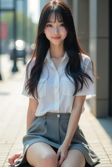 ((best quality, 8K, masterpiece: 1.3)), beautiful girl, pure, melon face, kind and cute, sweet smile, pure desire, slender body, (front), (tilted head), white shortsleeve collar shirt, open shirt, grey platted micro skirt , long black silky straight hair, ...