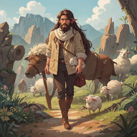 [Core Concept] An adult Moses, having fled Egypt, now serves as a sheepherder leading his flock through the rugged, sun-drenched hills of Midian.

[Character Description] Moses, a tall and weathered man with a long beard and piercing eyes, walks purposeful...