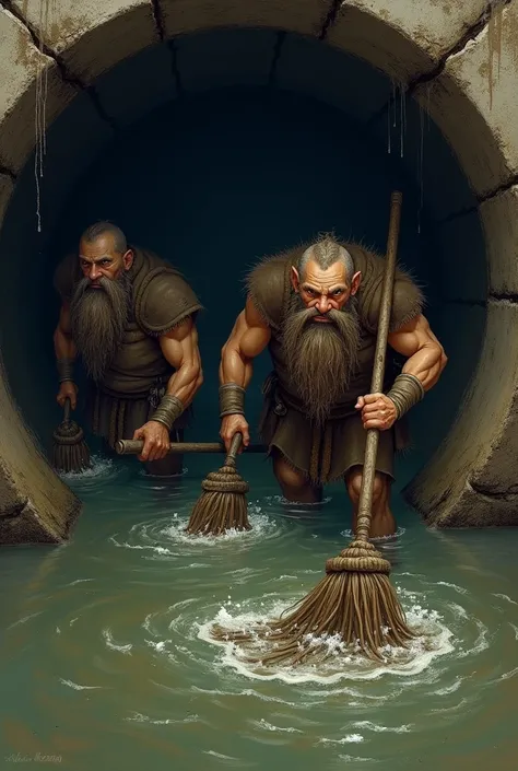 2 dwarfs deep inside the dirty pipe with stagnant water cleaning with a mop in hand