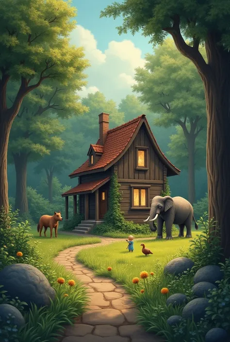 A small house in a forest where one man live with one dog, one small elephant nd one horse also some duck and some pigeon 