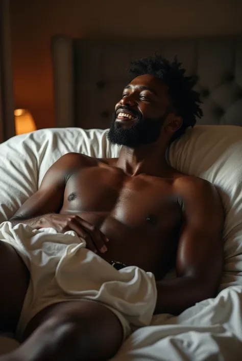 [Core Concept] A sensual, intimate portrait of a mature Black man engaged in self-pleasure.

[Character Description] A middle-aged Black man, his features weathered yet handsome, is reclined comfortably on his bed, his expression one of blissful abandon as...