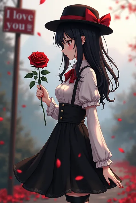 girl height 153 cm , hair color black hair, hairstyle indie, straight.  Eye color black she stood surprised looking at the black rose that was held .Hat panama black. Clothes top gentleman white black all bloody, skirt covered and medium size. Stockings bl...