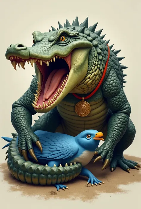 Crocodile with a medal on its neck, crushing a blue bird 