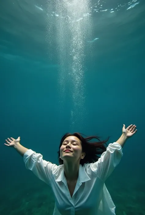 In the deep sea where only air bubbles float、A slender 35-year-old beauty is taking a deep breath with her eyes closed and her arms outstretched towards the water.、Wearing a white shirt、Healthy look、Her hair is swaying like waves、