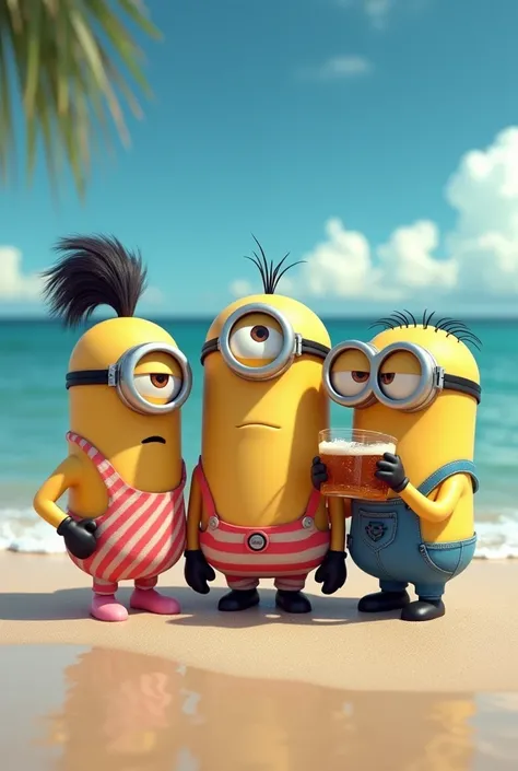 create a picture of Stuart minions, Kevin and Bob drunk on a beach with three women in bikinis 