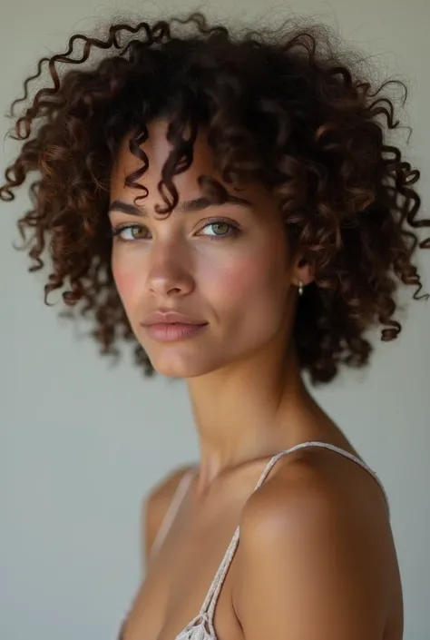 curly girl, no clothing, white skin color, and very beautiful young woman