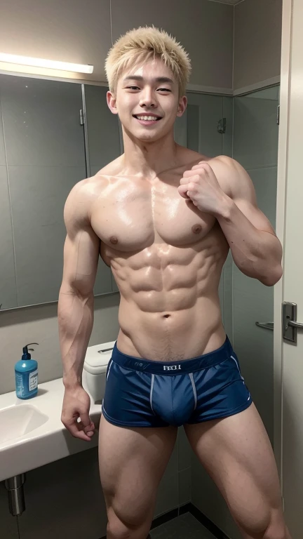 Japanese men、14 years old、Well-developed muscles and smooth skin、Spiky light blonde hair、Relaxed and friendly smile、Tight boxer briefs、The whole body is visible from toes to head、Fist pump in the bathroom、burst