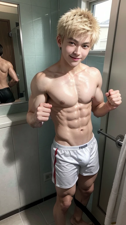 Japanese men、14 years old、Well-developed muscles and smooth skin、Spiky light blonde hair、Relaxed and friendly smile、Tight boxer briefs、The whole body is visible from toes to head、Fist pump in the bathroom、burst