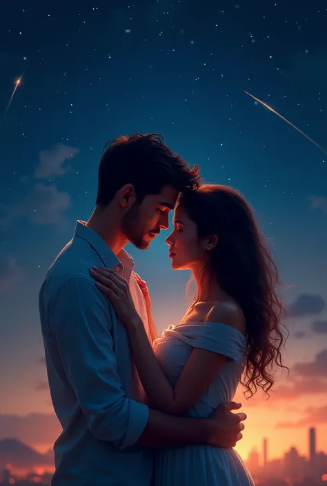 couple, warm embrace, night sky, starry, warmth, love, serenity, breeze, locked gaze, shooting stars, city skyline, rested head on shoulder, epicrealistic