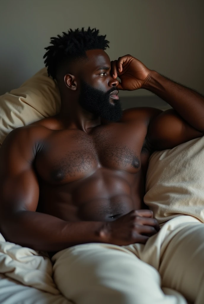 [Core Concept] An intimate and sensual portrait of a black man, muscular and bearded man in a moment of relaxation and exposure.

[Character Description] The man is robust and vigorous, with an imposing and masculine appearance. Your skin is dark and your ...