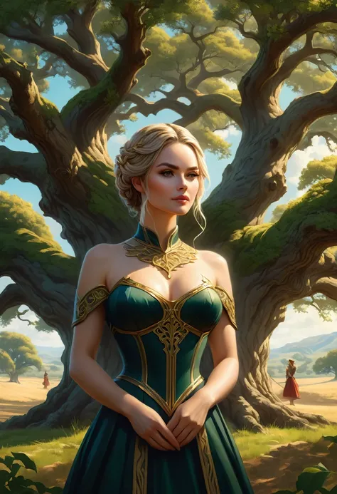 Feminine women under an oak tree. Official Art – Character profile. An Award-Winning Digital Masterpiece In 4K Ultra HD, Extreme Detail And Intricate Realism. Symmetrical Face. This Concept Art Brought To Life By The Hands Of Artists Like Wlop & Artgerm In...