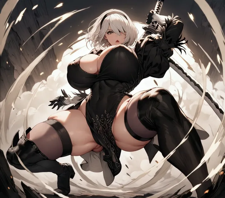 Best Quality, 2B Nier Automata, huge breasts, Whole body, fought, with katana, a mini braga