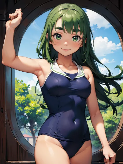 8K quality,(super masterpiece:1.3),Highest quality,Detailed Images,1 female,symmetrical beauty,10th Generation,Medium build,(smile,smile),(Green Hair,Long Hair),(Thick eyebrows,Thick eyebrows),(Droopy eyes,Green Eyes,Green Eyes,Bright Eyes),(Large Breasts,...