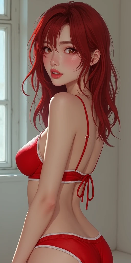 Yuki Harada, female, feminine, Korean Japanese, 23yo, 34B-26-24, slender, cleavage, ((with dyed red hair)), scattering of body freckles, smug, grin, wearing ((red and white camisole)) with matching red panties, bound, restrained,