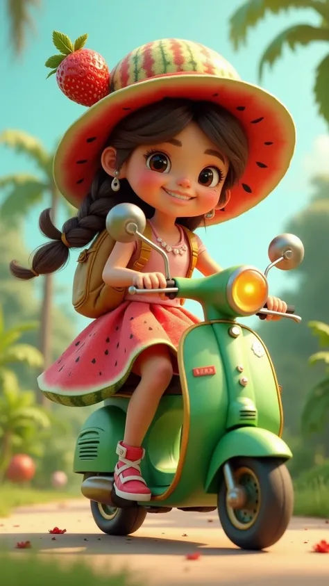 A cute and beautiful girl, wearing a skirt made of watermelon skin, wearing a hat made of strawberry watermelon skin, riding a green scooter. a cartoon cute version, 3d render