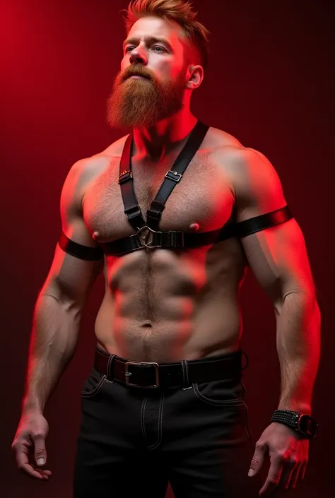 white man with red hair and beard, he is wearing black leather harness, he has his beautiful penis showing, BDSM environment red lights