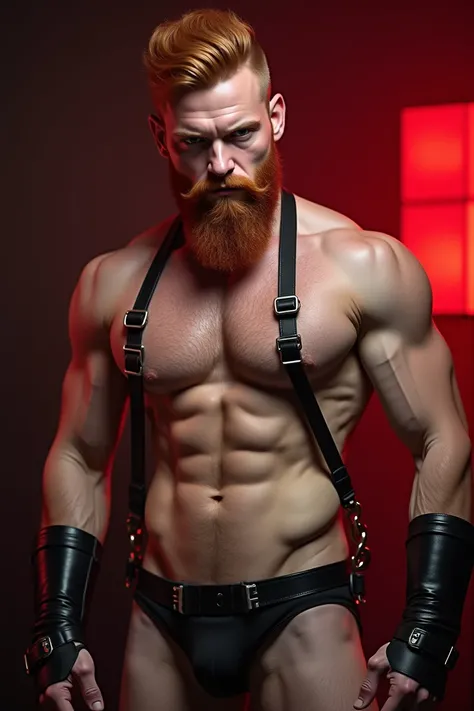 white man with red hair and beard, he is wearing black leather harness, he has his beautiful penis showing, BDSM environment red lights