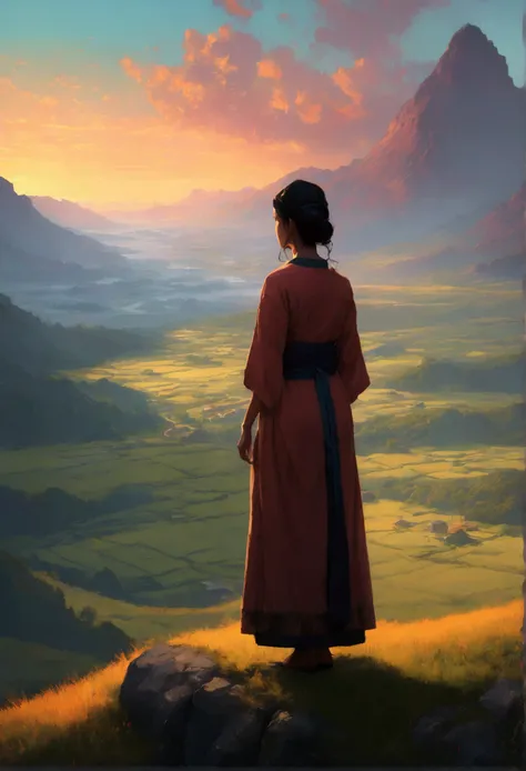 painting of a woman wear primitive clothes looking out over a valley at sunset, by Alena Aenami, art of alena aenami, inspired by Alena Aenami, rob rey, concept art artwork masterpiece, by Andreas Rocha, painted by andreas rocha, artistic. alena aenami, by...