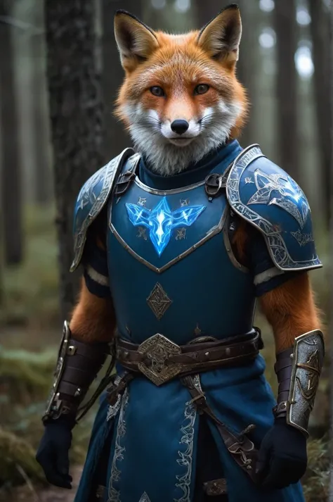 Portrait photo, den, Fox, Nordic armor, Blue, with the 5 stars of the Southern Cross on the chest, glowing Nordic runes, forest background, den,