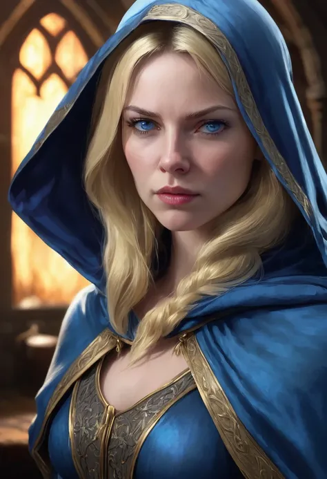 1 woman, inside a medieval room, she is a villain, wearing a blue outfit with a hood on her head, detailed facial features, feminine blue eyes, clear and detailed skin, blonde hair, dramatic lighting, cinematic composition, somber palette, dark colors, atm...