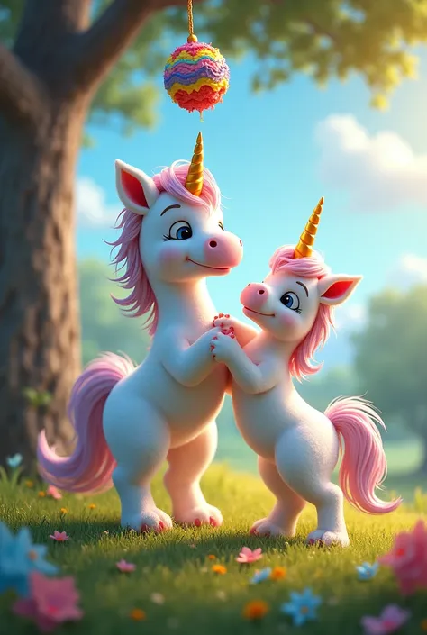  a unicorn and his baby unicorn standing breaking a colorful piñata with a stick that is hanging on a rope and at the foot of the image that says pauzypiñatas made with love  