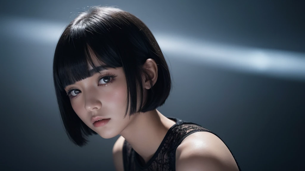 Delicate and dainty young woman with shiny bob-cut black hair . She is wearing black dress. The background is a fantastic and ethereal night sky that seems to be haunted by a specter. Her expression is stern and atmospheric. Angle from directly below.