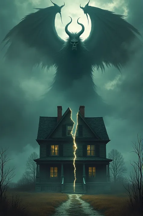 A house divided in two with a demon above 
