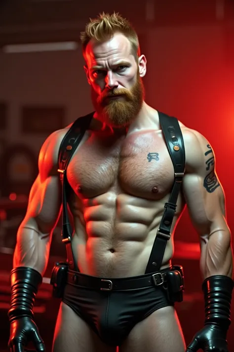 white man with red hair and beard, shirtless with his chest showing, he is dirty with grease, he is in an auto repair shop with old cars in the background