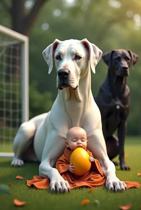 A white Great Dane lying facing the camera in a backyard-like setting with a goalpost in the background. Behind the Great Dane is a black dog, and there is a baby dressed in monk robes, sucking on a mango.