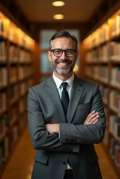 Jovial man with glasses, gray suit in the library with a yellowish atmosphere 
