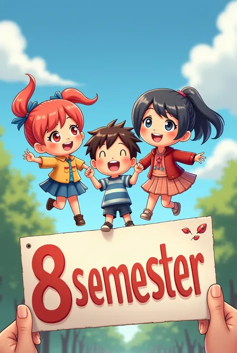 3 girls and a boy, that they be animated and above the photo that says 8 semester 