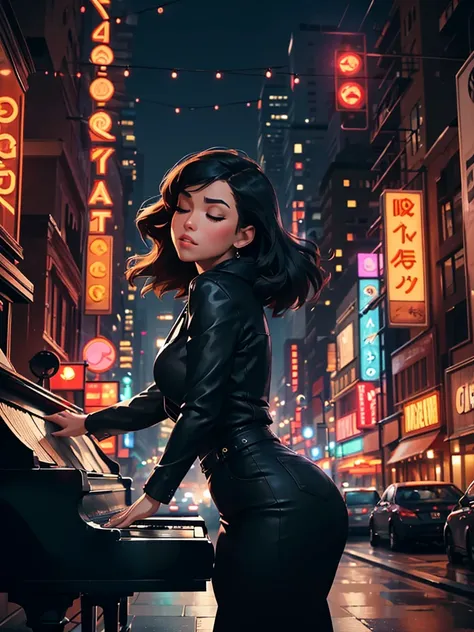 [Core Concept] A young woman playing piano in the middle of an urban street.

[Character Description] A beautiful, youthful woman with delicate features and graceful movements, her fingers dancing across the piano keys with elegant poise and concentration....