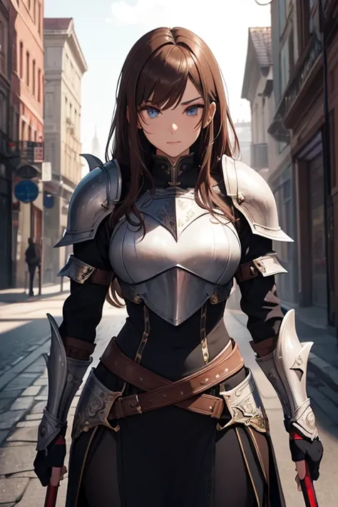 young woman, dressed in knight costume, equipped with a sword in the waist sheath, corpo sexy, brownhair, eyes browns, warrior shield equipped on back. She is posing attractively.