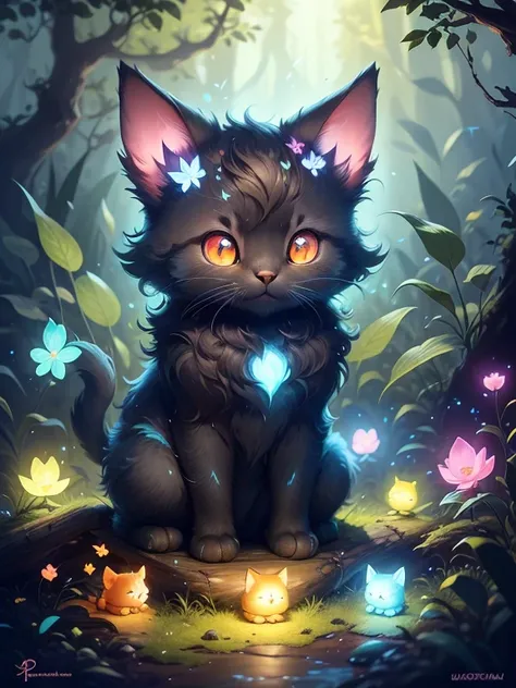 a cat with glowing eyes sitting in the woods with butterflies, cute digital art, cute detailed digital art, adorable digital pai...